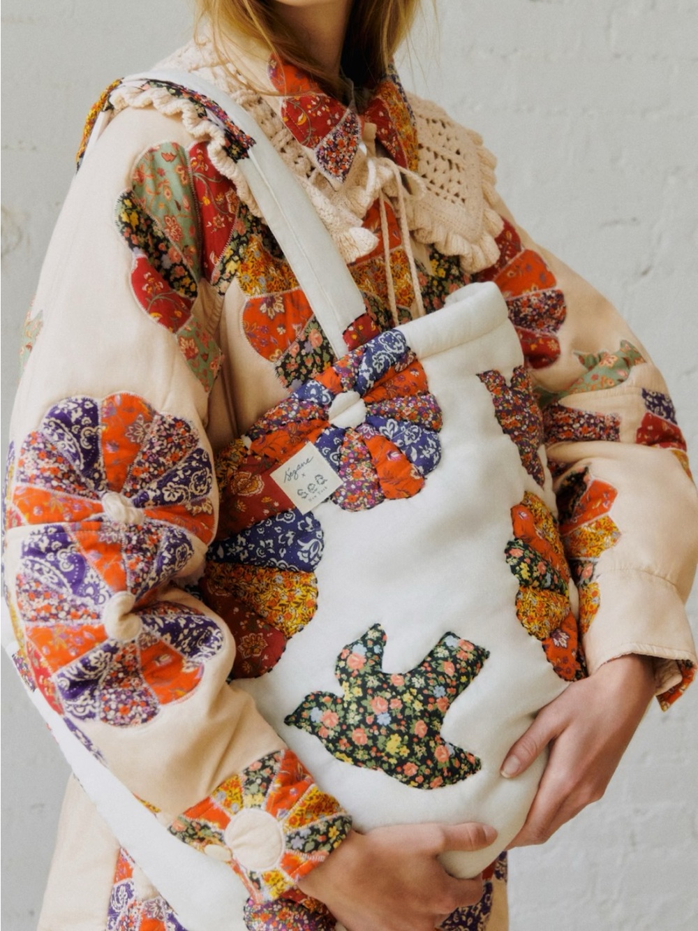 Sezane X Sea NY Quilted Patchwork Maxi Tote Bag Multicolor Bird Print - Picture 2 of 9